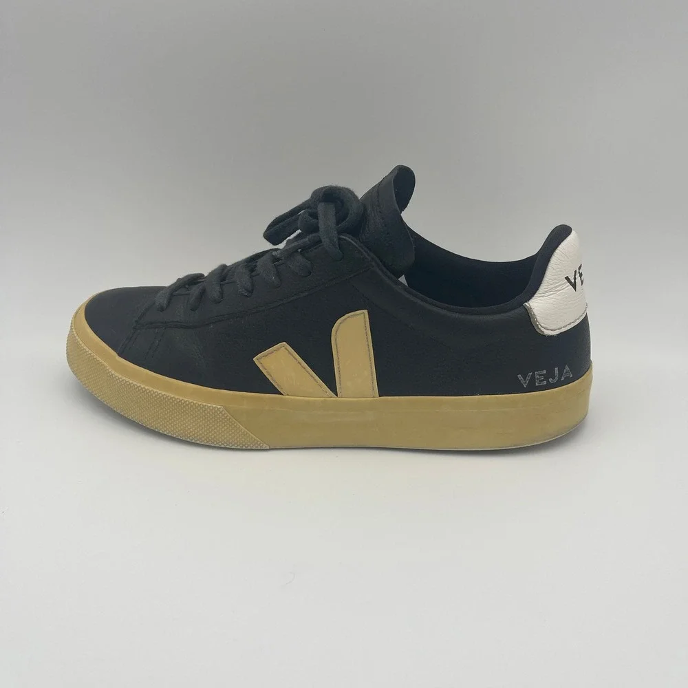 Veja Women 9 Black Leather Campo Sneakers Cream Logo Low Top